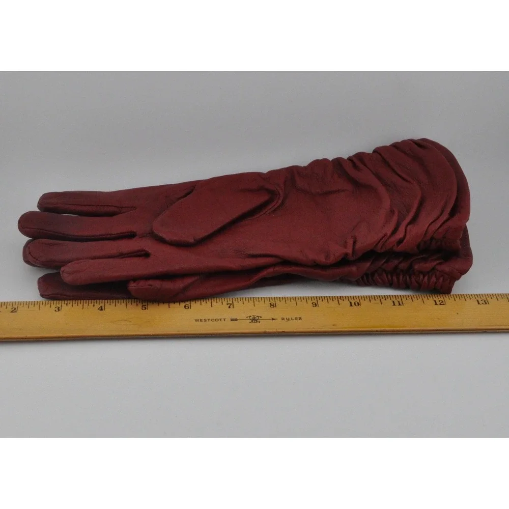 JOBIS Leather Gloves Medium Red Excellent Ruched Gathered Wrist Winter Accessory